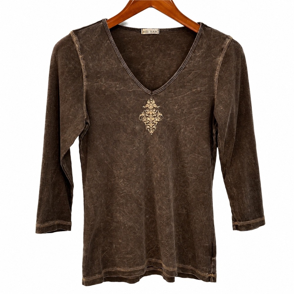 Xcit USA Womens Brown Mineral Wash V-Neck 3/4 Sleeve Cotton Top Size M